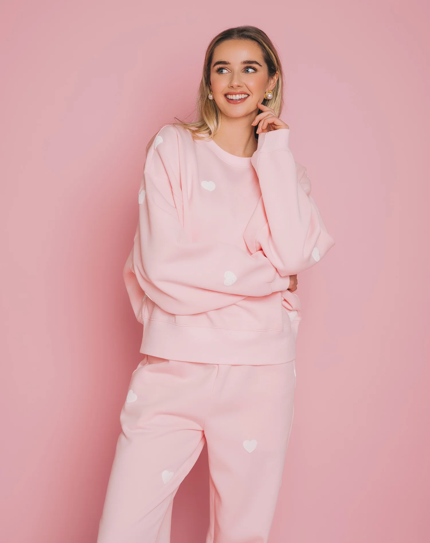 All Over Heart Girlfriend Crew in Light Pink w/ White Hearts