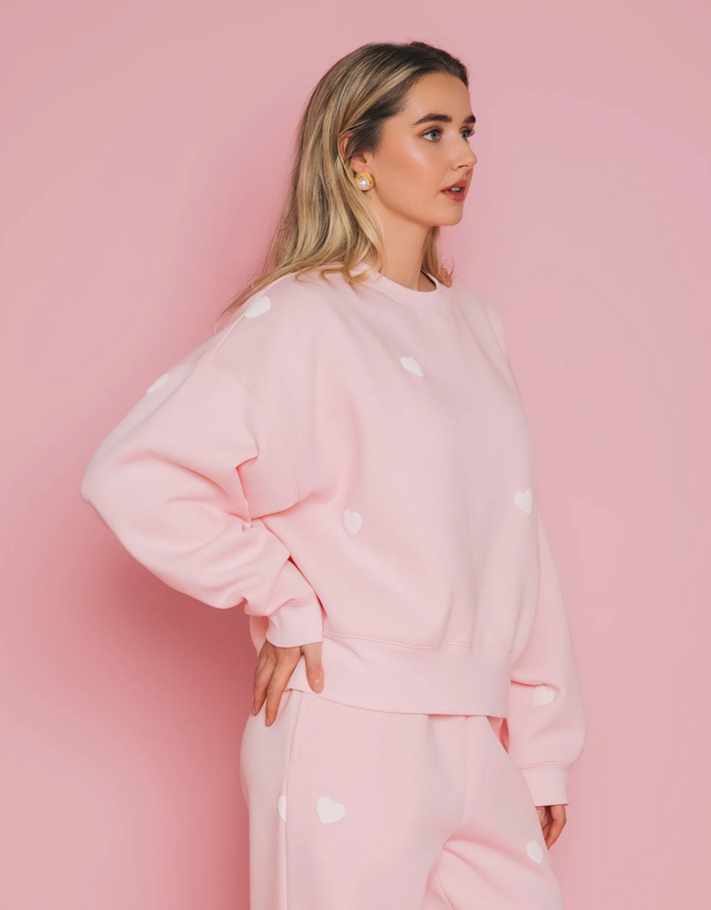 Brunette the Label All Over Heart Girlfriend Crew in Light Pink w/ White Hearts