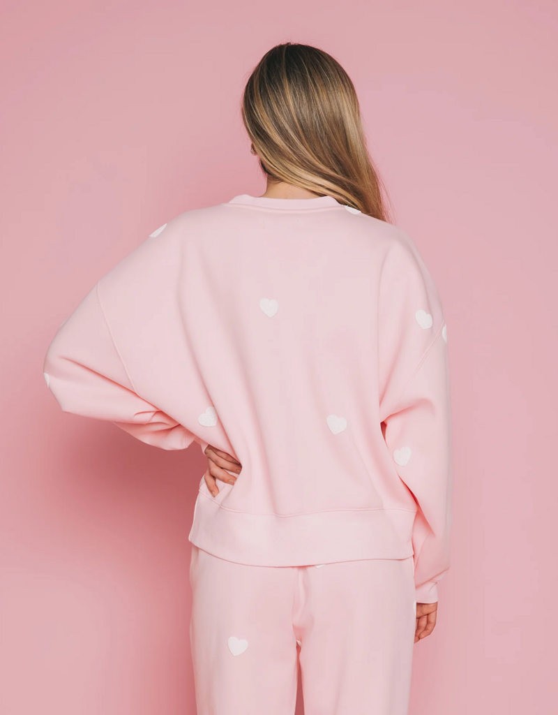 Brunette the Label All Over Heart Girlfriend Crew in Light Pink w/ White Hearts