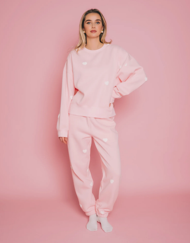 Brunette the Label All Over Heart Girlfriend Crew in Light Pink w/ White Hearts