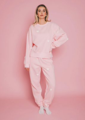Brunette the Label All Over Heart Oversized Jogger in Light Pink w/ White Hearts