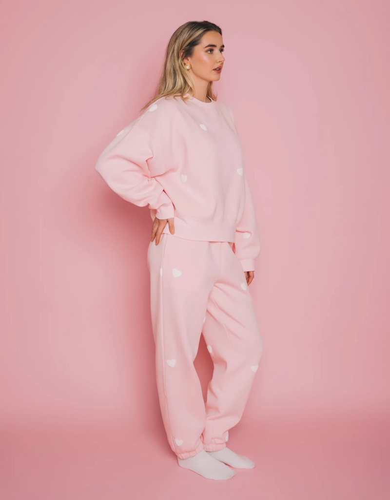Brunette the Label All Over Heart Oversized Jogger in Light Pink w/ White Hearts