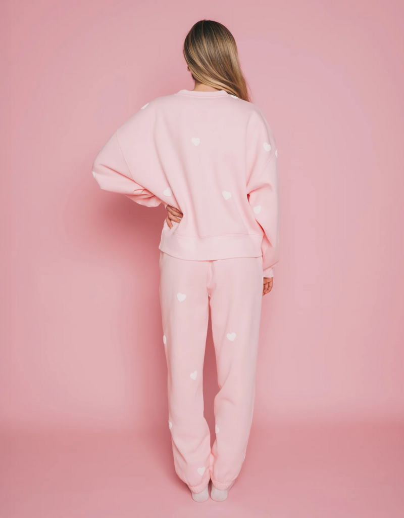 Brunette the Label All Over Heart Oversized Jogger in Light Pink w/ White Hearts