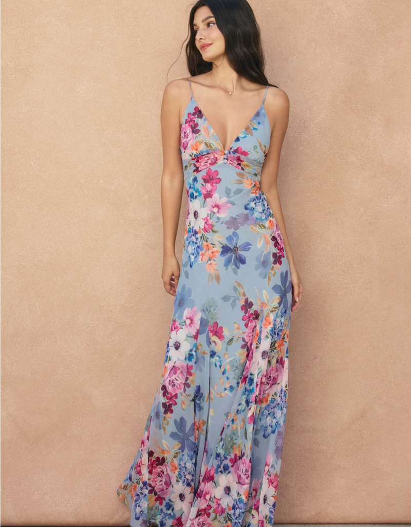 Dress Forum Garden Promenade Godet Flared Maxi Dress in Delicate Blues Floral