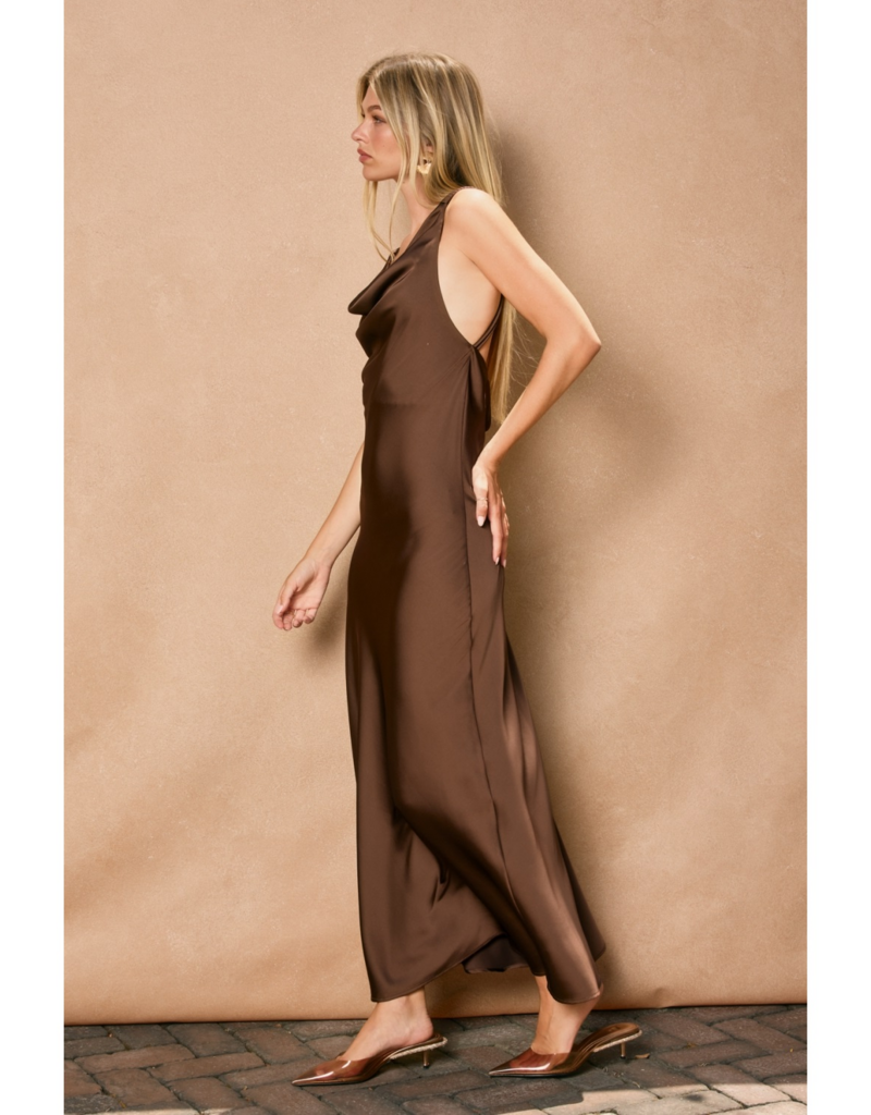 Dress Forum Going Out Twisted Strap Satin Maxi Dress in Chocolate Brown