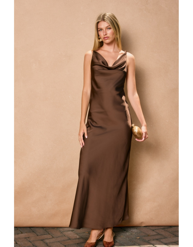 Dress Forum Going Out Twisted Strap Satin Maxi Dress in Chocolate Brown