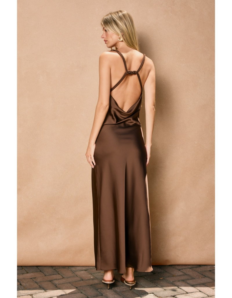 Dress Forum Going Out Twisted Strap Satin Maxi Dress in Chocolate Brown