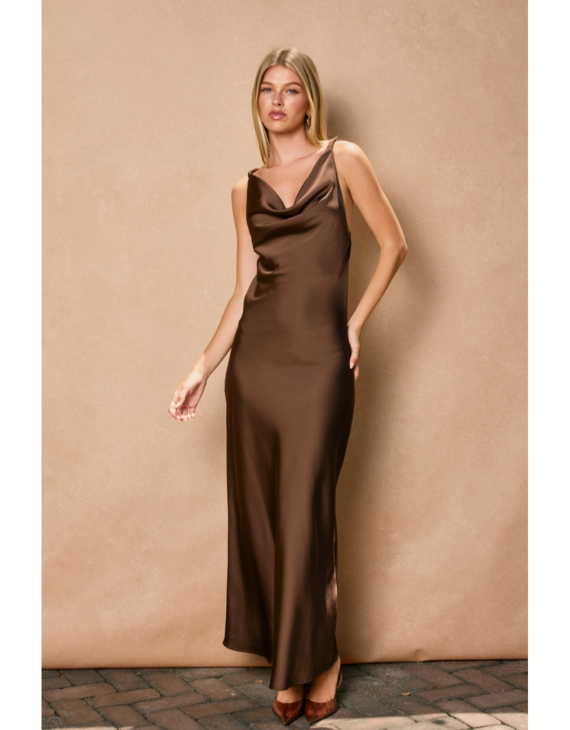 Dress Forum Going Out Twisted Strap Satin Maxi Dress in Chocolate Brown