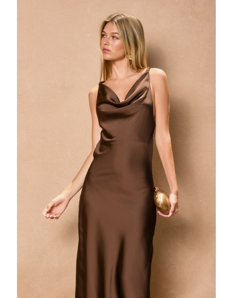 Dress Forum Going Out Twisted Strap Satin Maxi Dress in Chocolate Brown