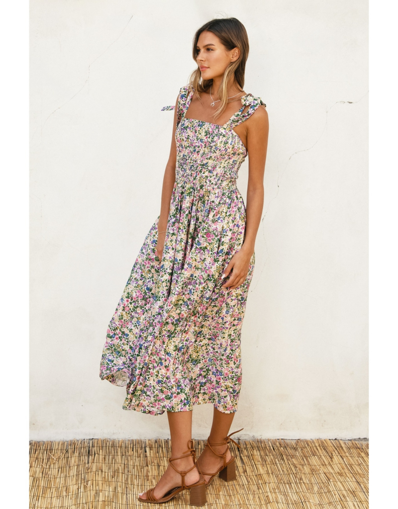Dress Forum Morning Glory Smocked Midi Dress in Pink/Green Floral