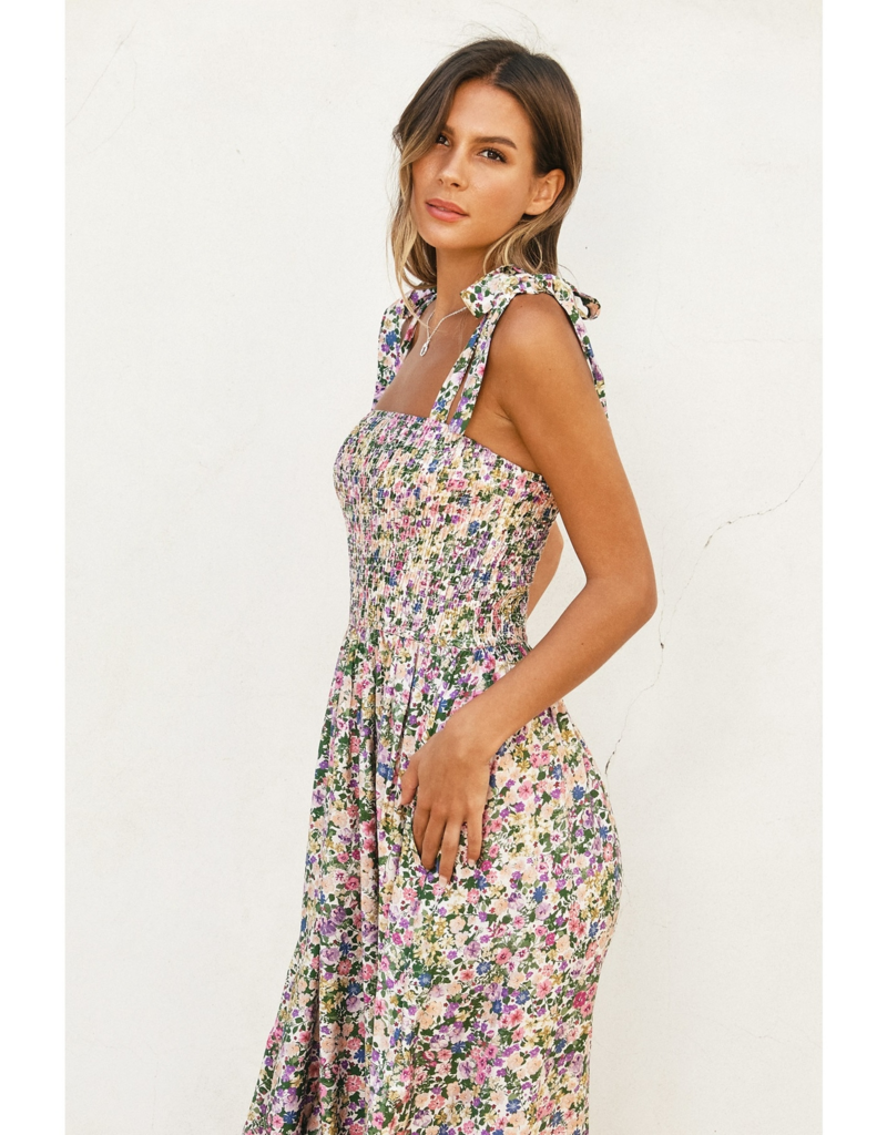 Dress Forum Morning Glory Smocked Midi Dress in Pink/Green Floral