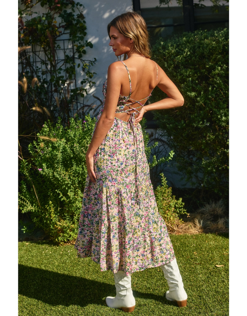 Dress Forum Morning Glory Tie-Back Midi Dress in Pink/Green Floral