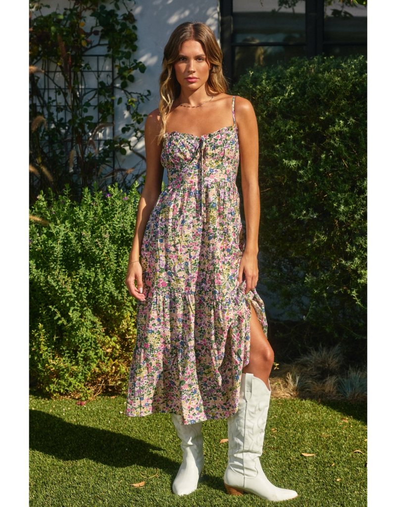 Dress Forum Morning Glory Tie-Back Midi Dress in Pink/Green Floral