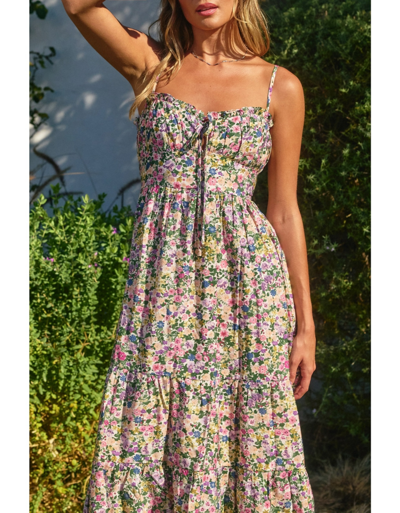 Dress Forum Morning Glory Tie-Back Midi Dress in Pink/Green Floral