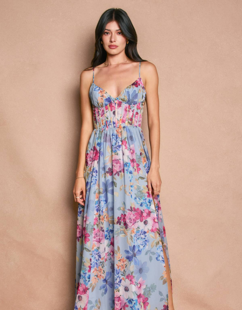 Dress Forum Garden Promenade Corset Maxi Dress in Delicate Blues Floral