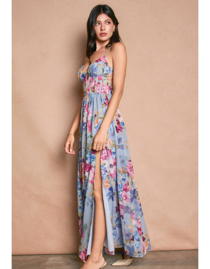 Dress Forum Garden Promenade Corset Maxi Dress in Delicate Blues Floral