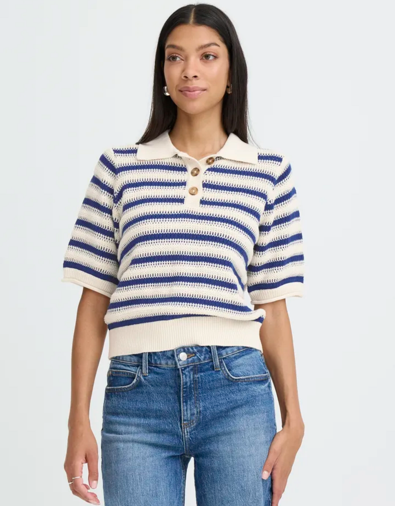 B.Young Mikala Knitted Cotton Pullover in Blue Stripe