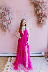 Amoris Wonderstruck Tulle Maxi Dress with Tie Shoulders in Fuchsia