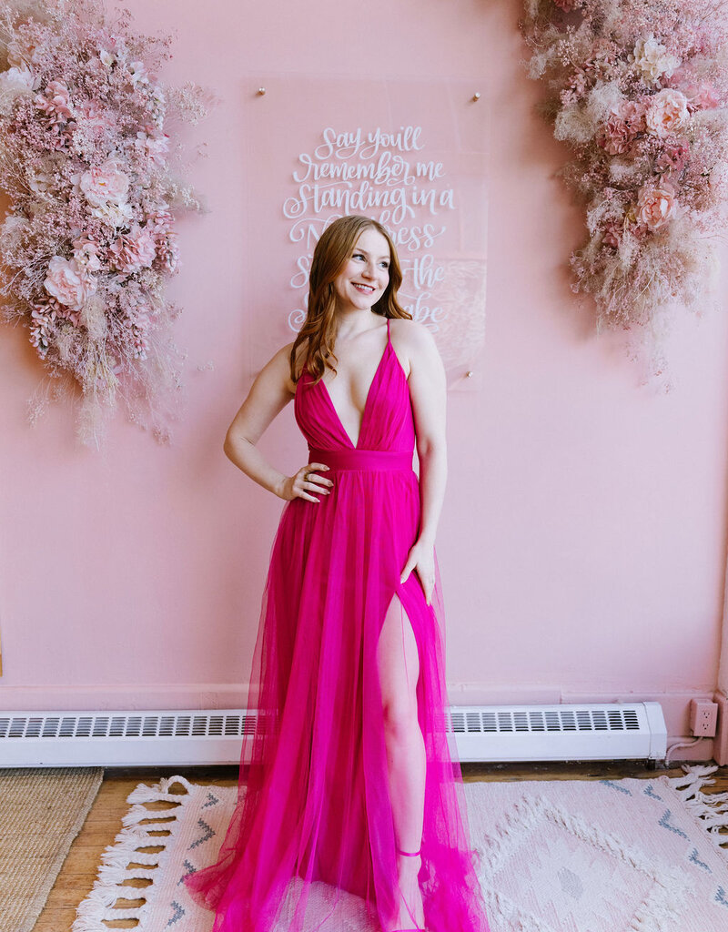 Amoris Wonderstruck Tulle Maxi Dress with Tie Shoulders in Fuchsia