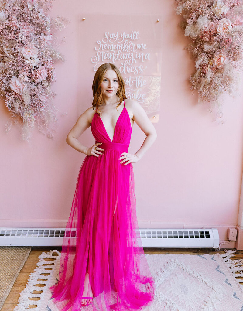 Amoris Wonderstruck Tulle Maxi Dress with Tie Shoulders in Fuchsia