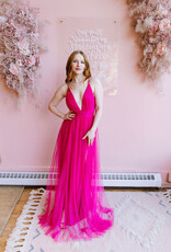 Amoris Wonderstruck Tulle Maxi Dress with Tie Shoulders in Fuchsia