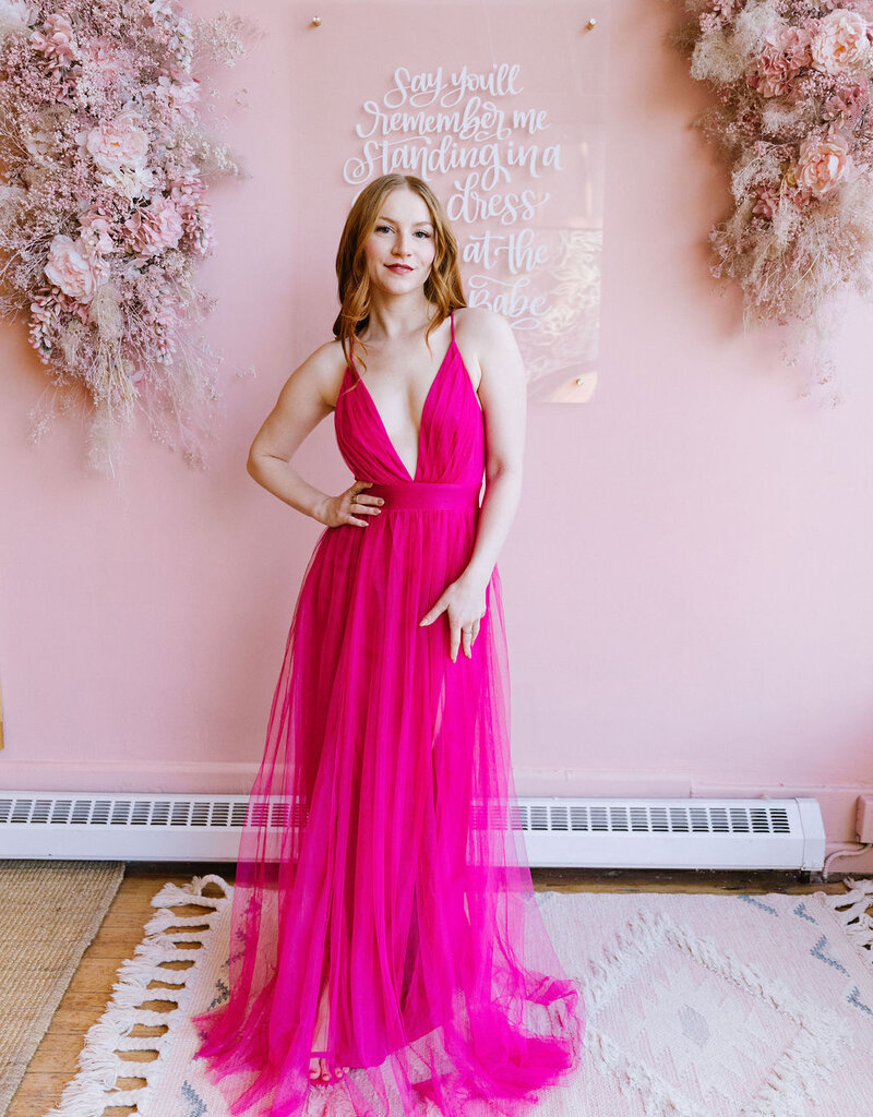 Amoris Wonderstruck Tulle Maxi Dress with Tie Shoulders in Fuchsia