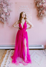 Amoris Wonderstruck Tulle Maxi Dress with Tie Shoulders in Fuchsia