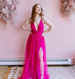 Amoris Wonderstruck Tulle Maxi Dress with Tie Shoulders in Fuchsia