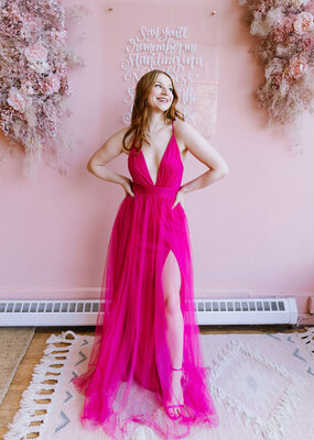 Amoris Wonderstruck Tulle Maxi Dress with Tie Shoulders in Fuchsia