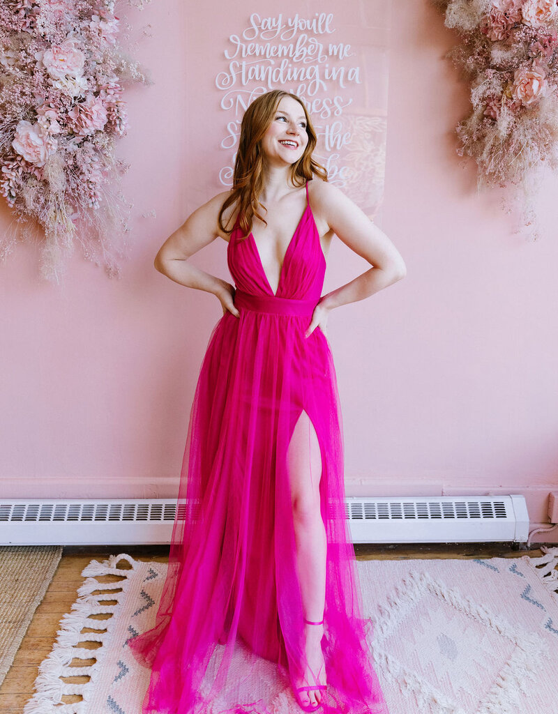 Amoris Wonderstruck Tulle Maxi Dress with Tie Shoulders in Fuchsia