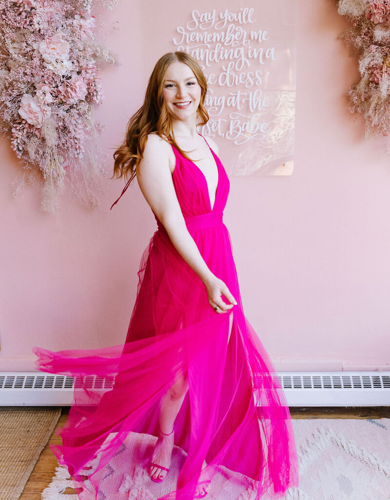 Amoris Wonderstruck Tulle Maxi Dress with Tie Shoulders in Fuchsia