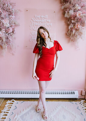 Adelyn Rae Hadley Bubble Sleeve Mini Dress in Red