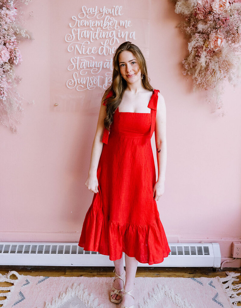Adelyn Rae Ingrid Bow Strap Midi Dress in Red