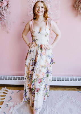 Dress Forum Delicate Affair Corset Tiered Maxi Dress with Shoulder Ties in Soft Coral