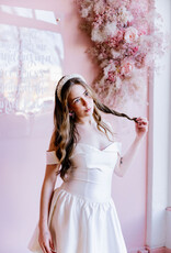 Adelyn Rae Darcy Off The Shoulder Satin Drop Waist Mini Dress in Ivory