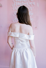 Adelyn Rae Darcy Off The Shoulder Satin Drop Waist Mini Dress in Ivory