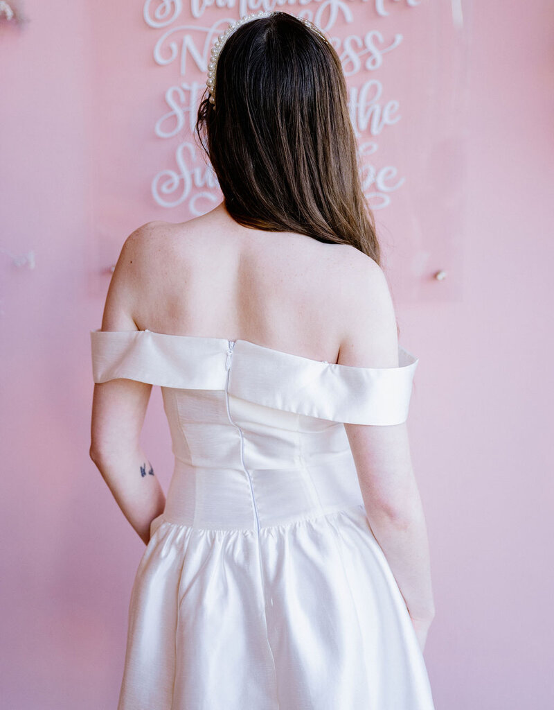 Adelyn Rae Darcy Off The Shoulder Satin Drop Waist Mini Dress in Ivory