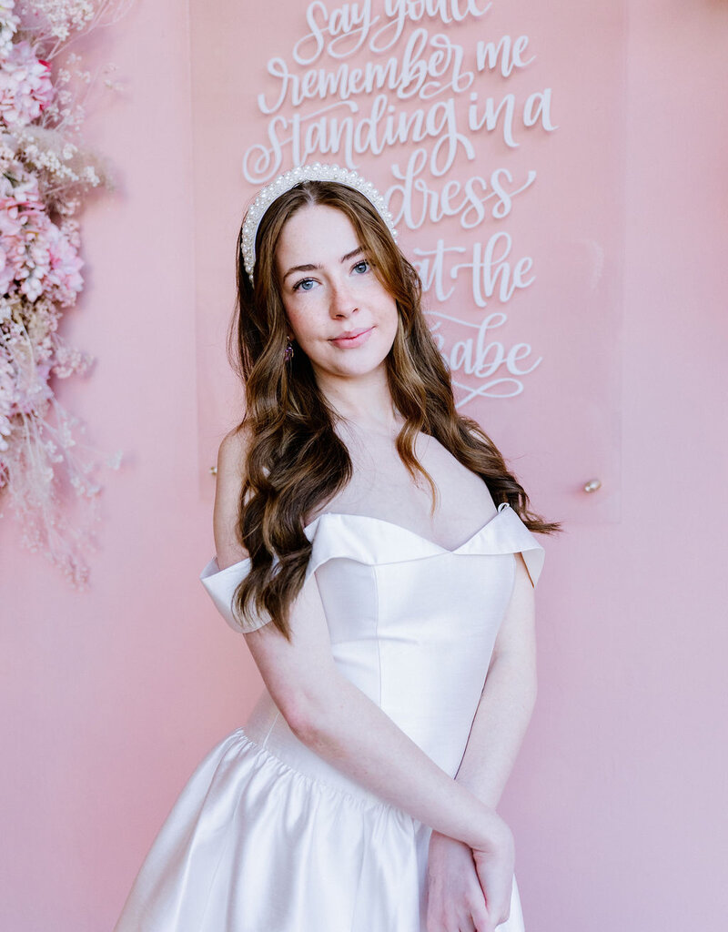 Adelyn Rae Darcy Off The Shoulder Satin Drop Waist Mini Dress in Ivory