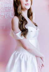 Adelyn Rae Darcy Off The Shoulder Satin Drop Waist Mini Dress in Ivory