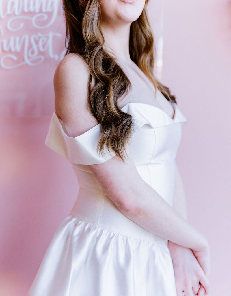 Adelyn Rae Darcy Off The Shoulder Satin Drop Waist Mini Dress in Ivory
