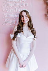 Adelyn Rae Darcy Off The Shoulder Satin Drop Waist Mini Dress in Ivory