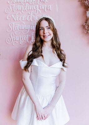 Adelyn Rae Darcy Off The Shoulder Satin Drop Waist Mini Dress in Ivory