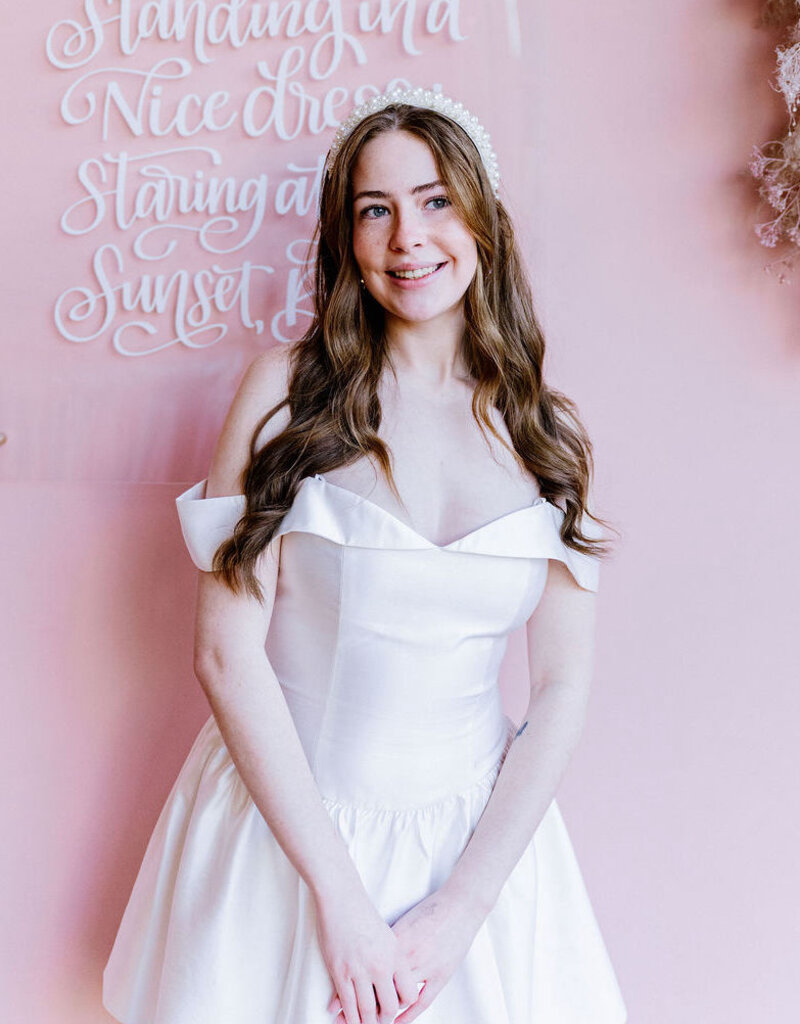 Adelyn Rae Darcy Off The Shoulder Satin Drop Waist Mini Dress in Ivory