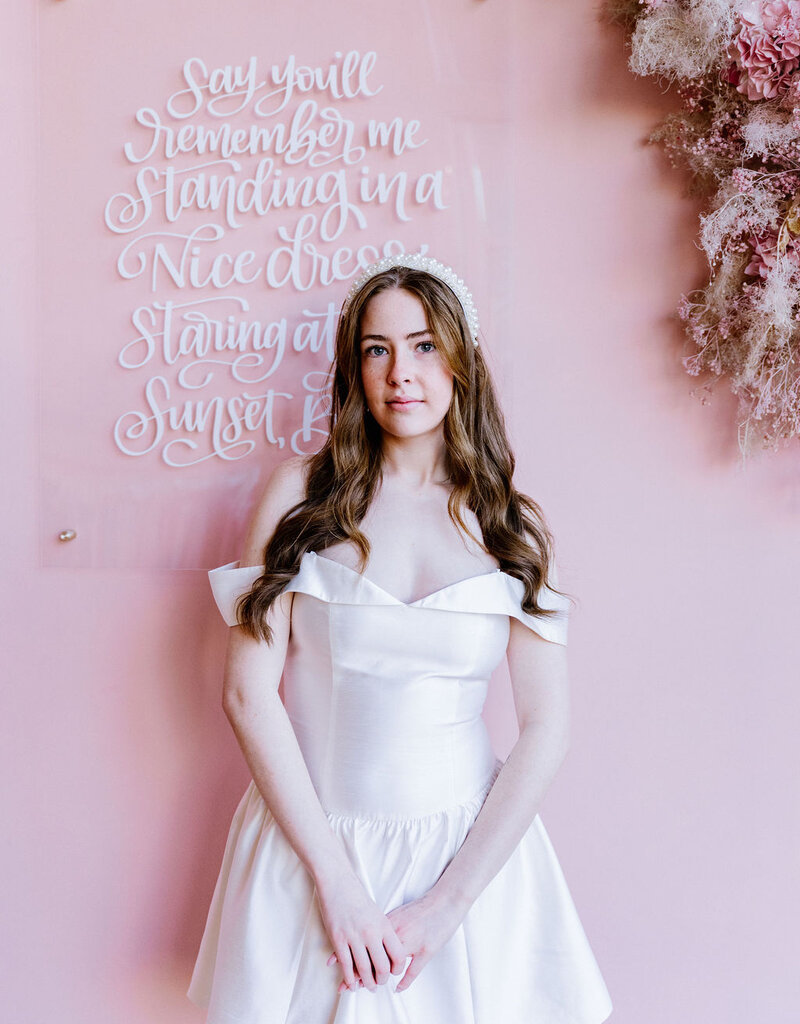 Adelyn Rae Darcy Off The Shoulder Satin Drop Waist Mini Dress in Ivory