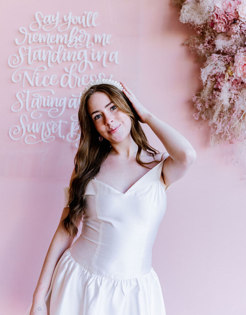 Adelyn Rae Darcy Off The Shoulder Satin Drop Waist Mini Dress in Ivory