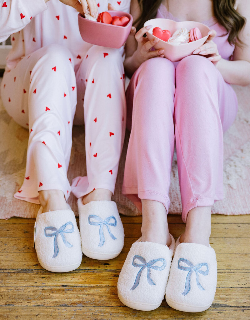 The Darling Effect Fuzzy Slippers with Blue Bow