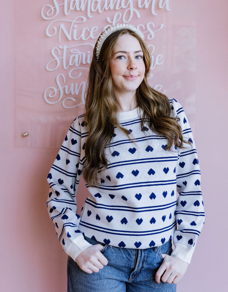 ICHI Brielle Pullover in Birch with Blue Hearts