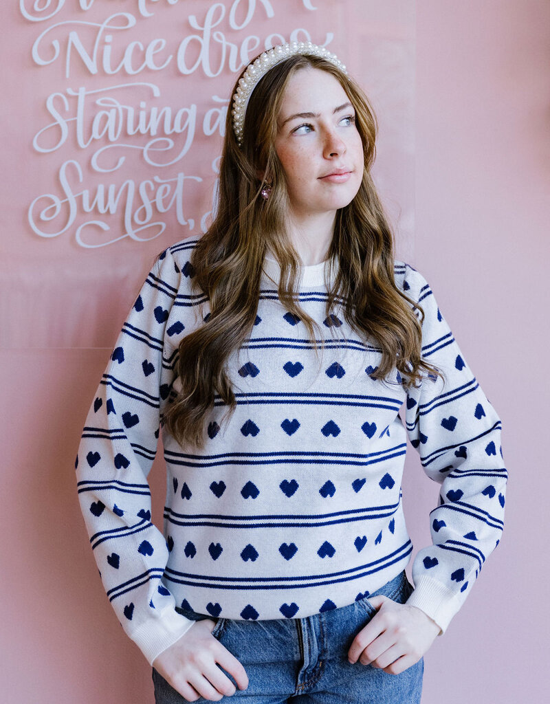 ICHI Brielle Pullover in Birch with Blue Hearts