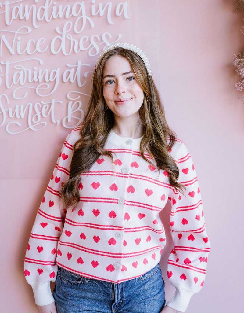 ICHI Brielle Cardigan in Birch with Red Hearts