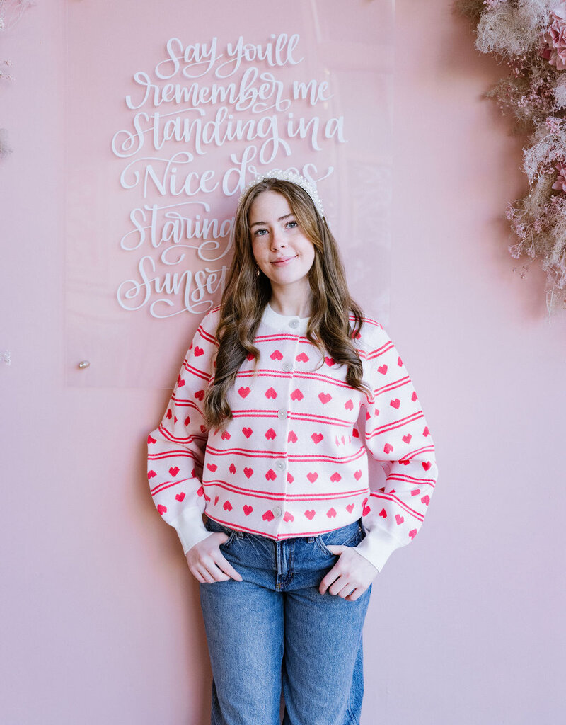 ICHI Brielle Cardigan in Birch with Red Hearts